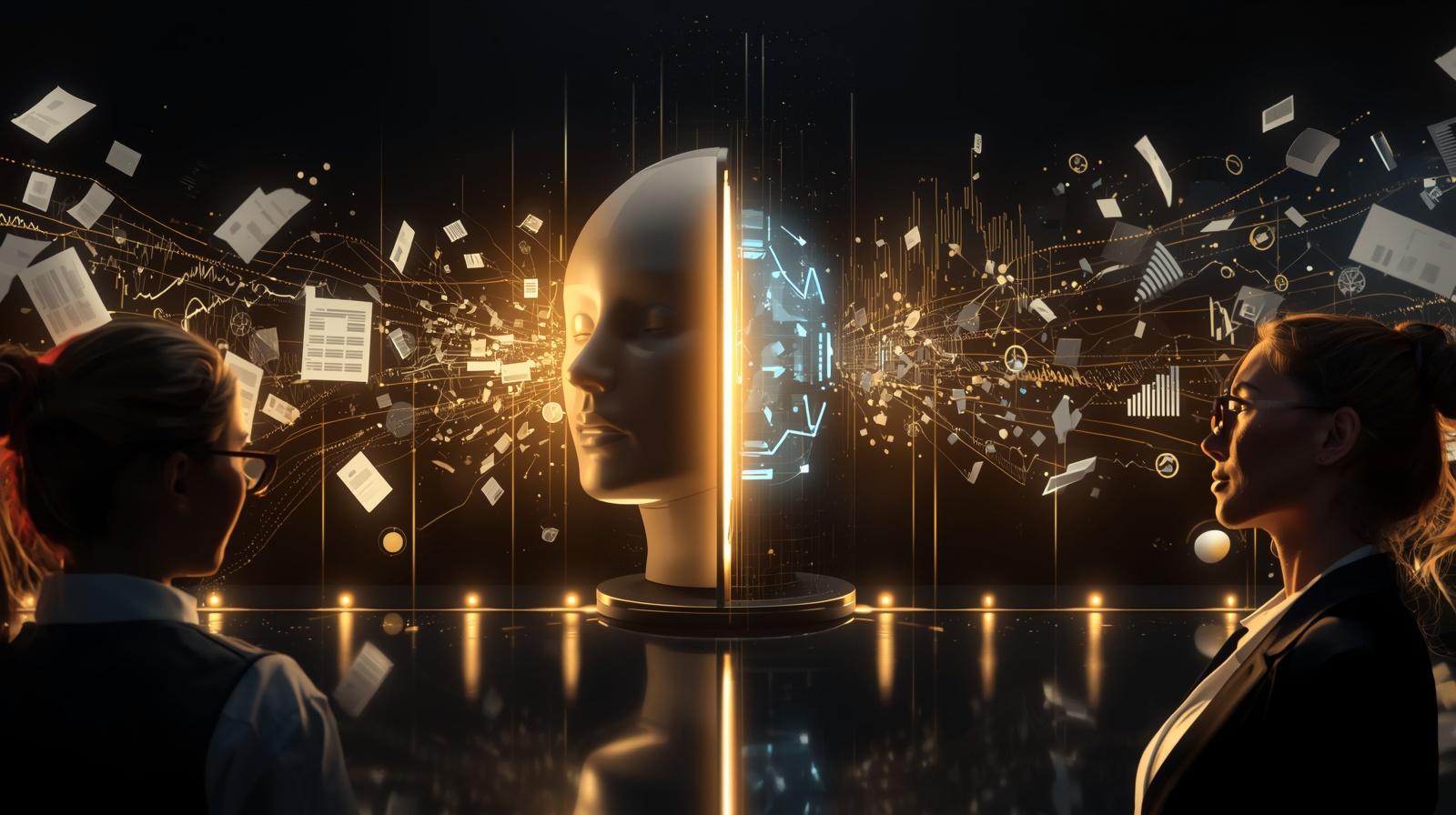 Illustrer un process qui permet de passer dune pile de copies à corriger, à des résultats clairs, avec un outil IA. La page où sera limage est couleur noir et or. Le titre de la page est _Mieux évaluer les ra